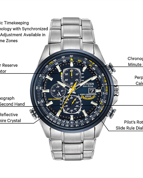 World Chronograph A T Men s Eco Drive Steel Blue Dial Watch CITIZEN